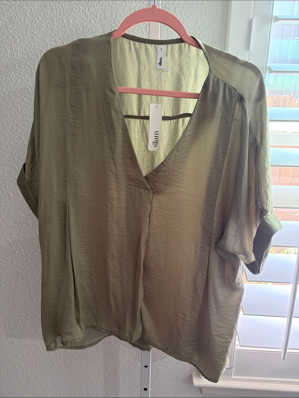 GLAM Lightweight Olive V-Neck Drapey Blouse